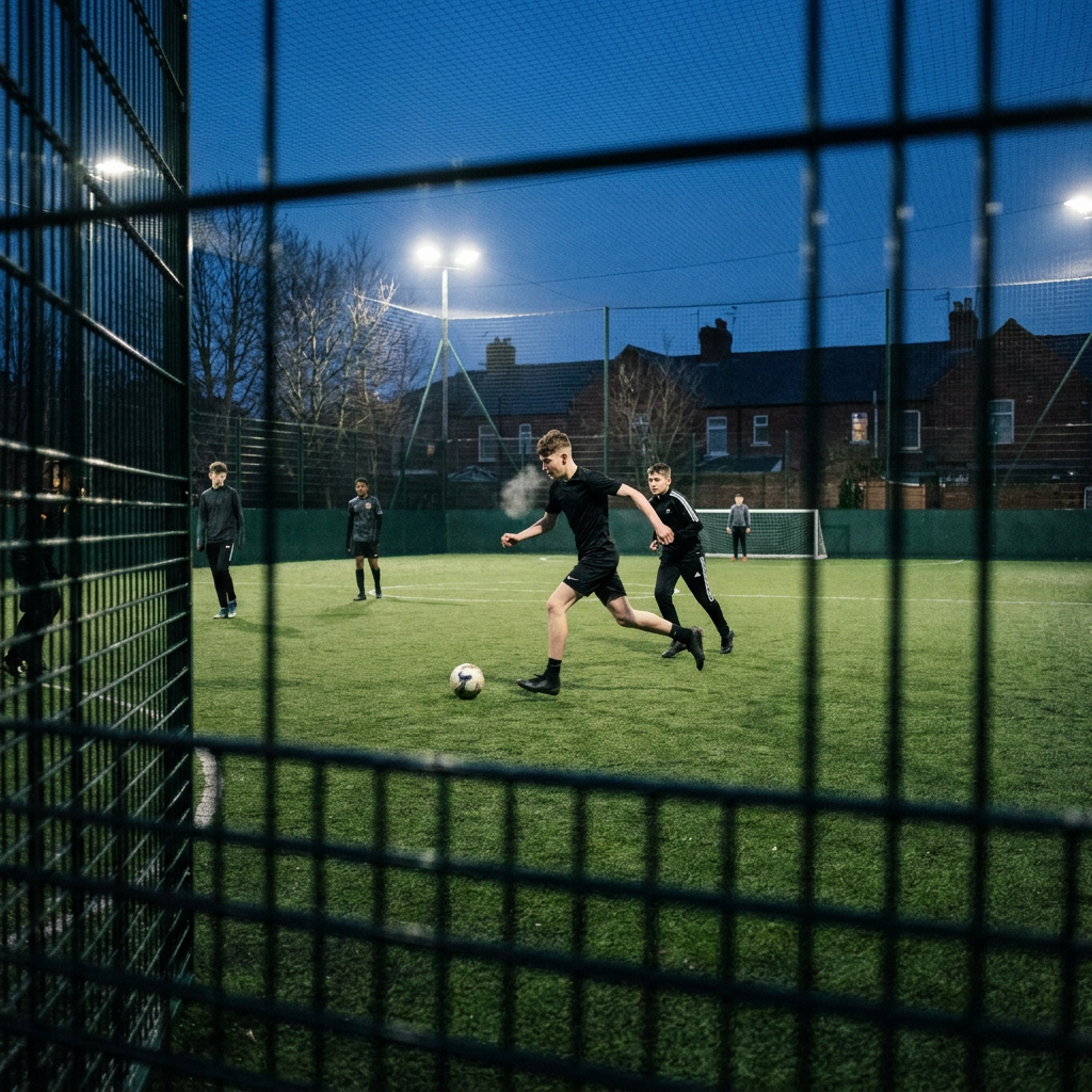 Un jeune footballeur sprintant sur un ballon en fin de match sous les projecteurs