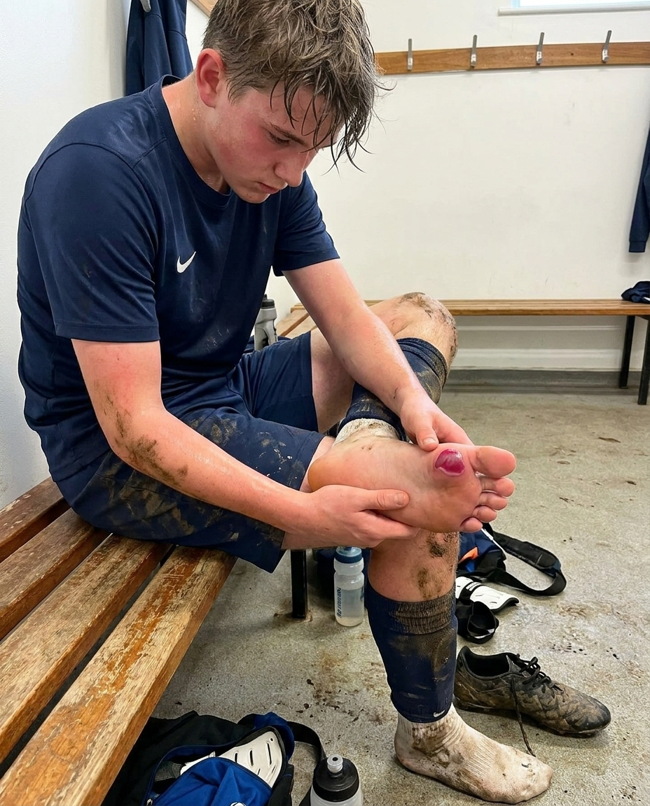 Un jeune footballeur en appui et changement de direction à l’entraînement, avec un gros plan de la chaussure qui appuie sur le gros orteil et l’avant-pied